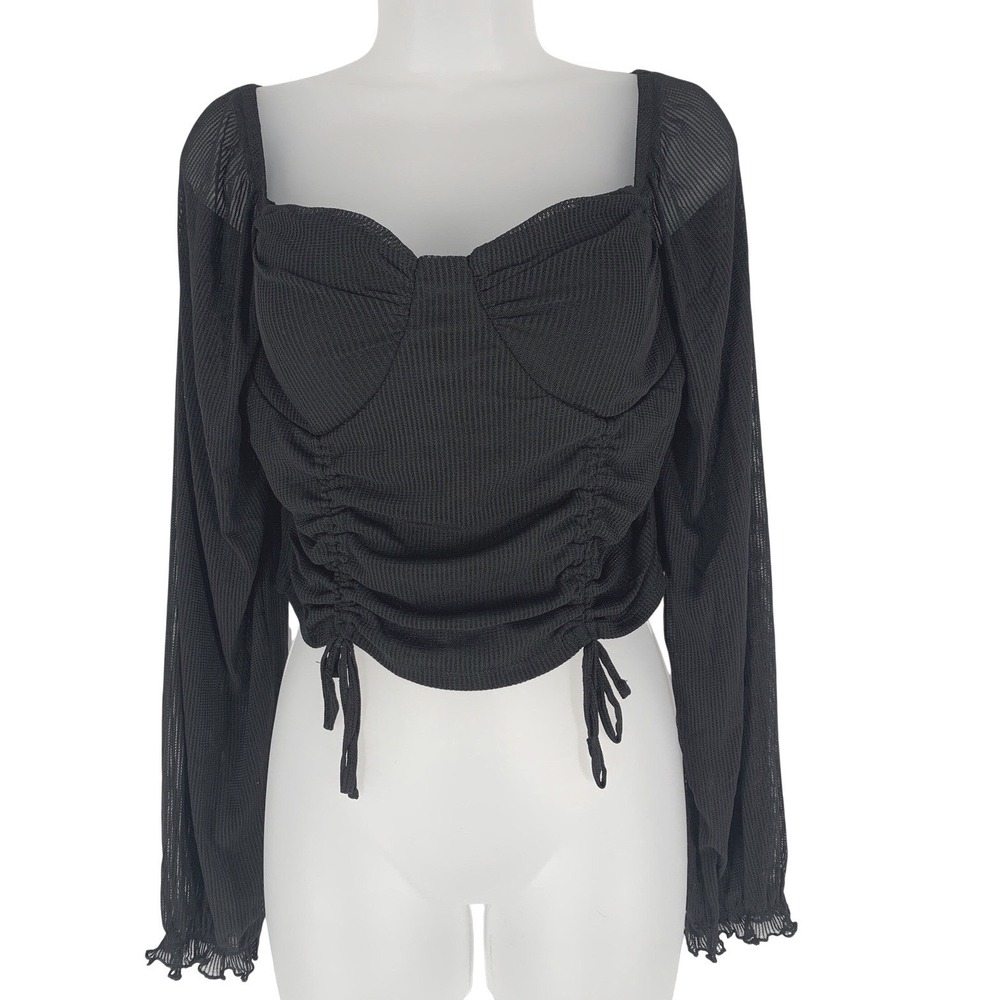 Dylan & Ryan L Black Mesh Ruched Crop Top Sheer Goth Party